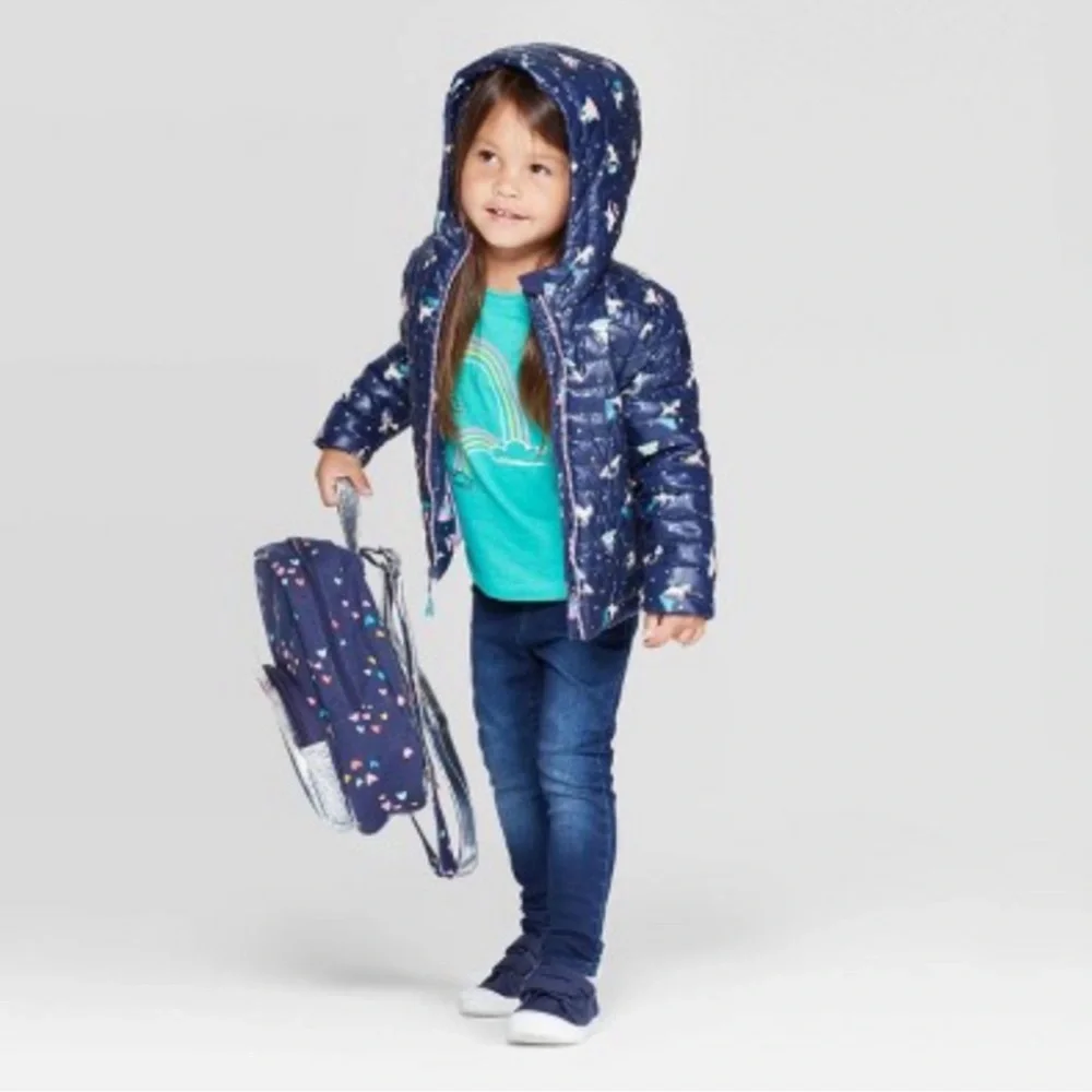 Cat & Jack Blue Unicorn Infant/Baby Girl's Midweight Puffer Hooded Jacket
